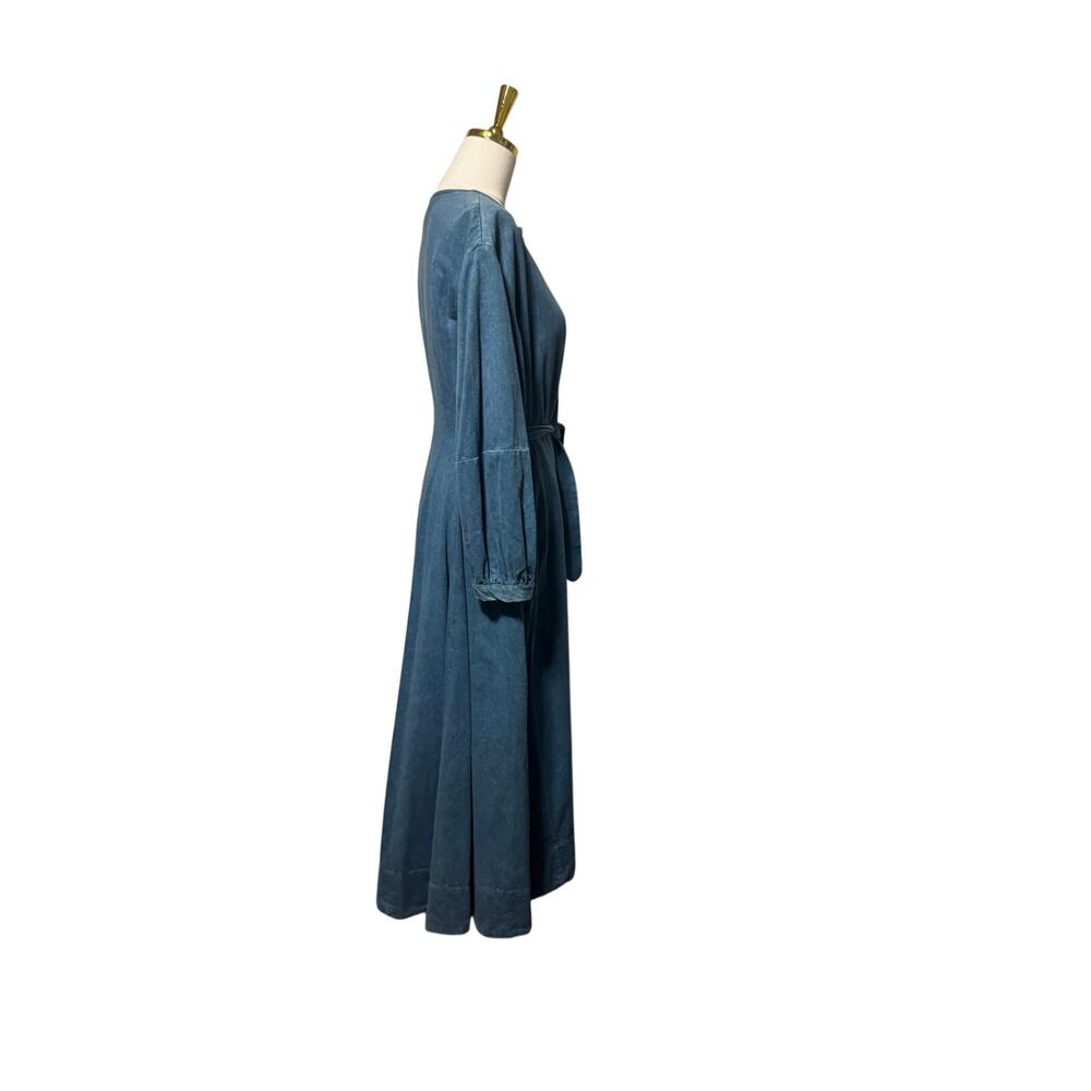 Mr. Larkin Miller Dress in Denim Button Front Tie Belt Balloon Sleeves Cotton M - Picture 2 of 6